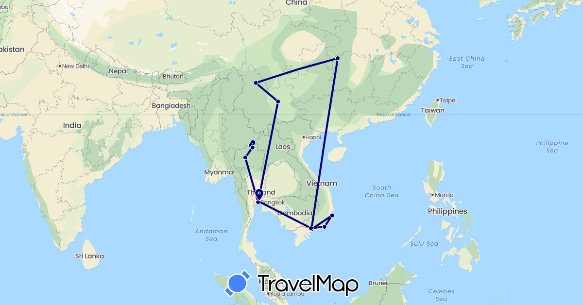 TravelMap itinerary: driving in China, Thailand, Vietnam (Asia)